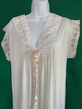 Vtg Silky Nylon Lace Top Plunge Empire Long Nightgown Satin Ribbon Goddess Sz S