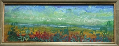 JOE MALINA AUSTRALIAN FRAMED ACRYLIC ''COLORFUL SURREAL LANDSCAPE 1'' 2003