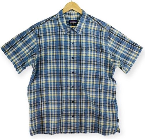 Camicia Uomo Patagonia Taglia XL Blu Giallo Plaid Seersucker Sfogliata Bottoni - Foto 2 di 19