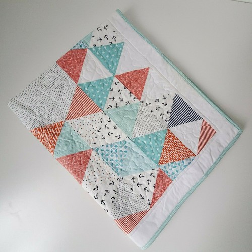 Baby Boys Handmade Quilt Nautical Theme Fish Anchors Stars Quilted Blue Red NEW - Picture 11 of 12