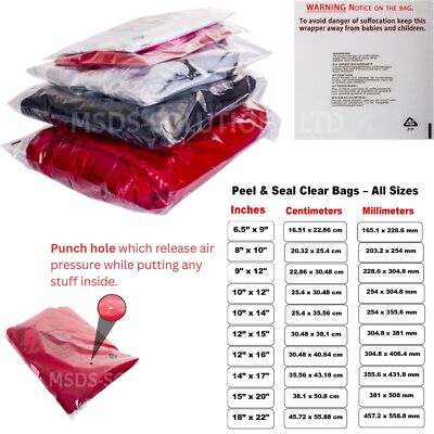 CLEAR GARMENTS BAGS CELLOPHANE PEEL&SEAL