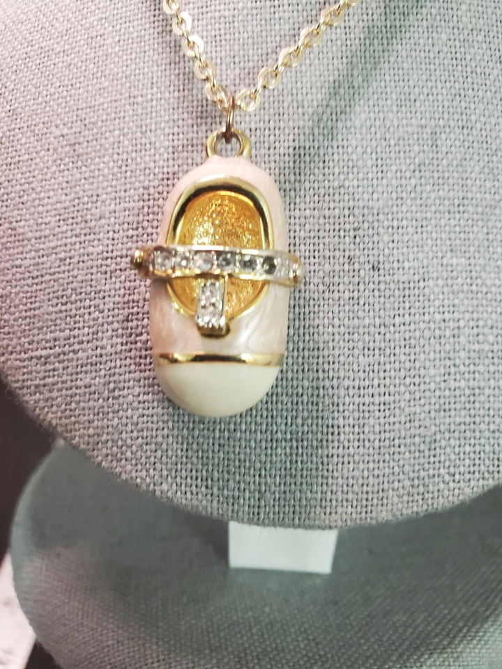 Baby Shoe, Pink & White Enamel Over Gold Tone, Rhinestone Necklace 18" Marked - Image 2 of 4