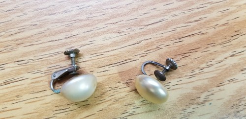 VTG Signed Marvella Sterling Silver Earrings Faux Pearl Screw Clip Comfortable - Picture 3 of 6