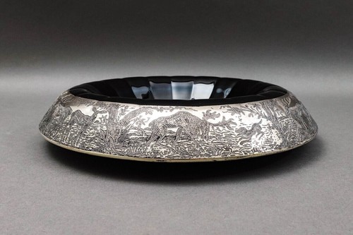 Paden City Ebony Black Forest Silver Overlay & Glass Rolled Console Bowl - Picture 4 of 8