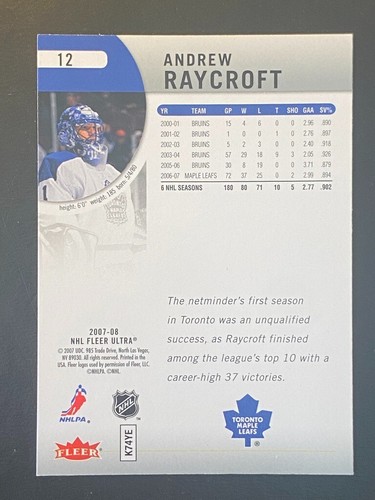 Andrew Raycroft 2007-08 NHL Fleer Ultra #12 Toronto Maple Leafs - Picture 2 of 2
