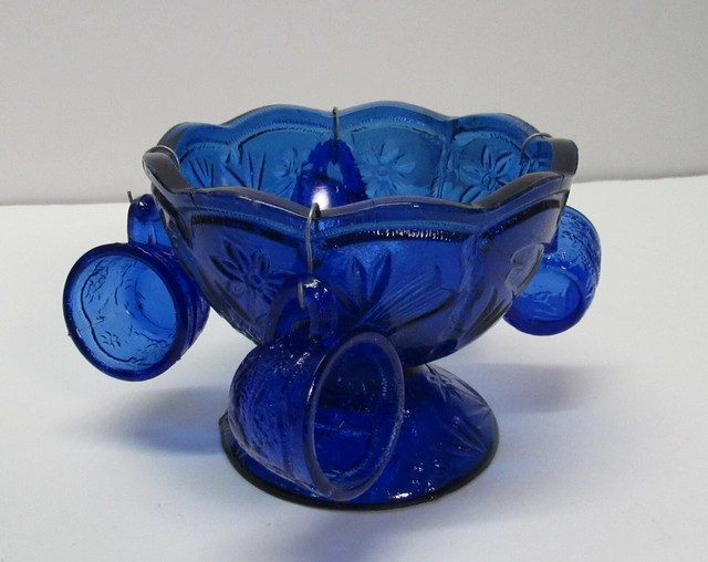 Cobalt Blue Miniature Punch Set Bowl Cups with Hangers Fish and Flowers