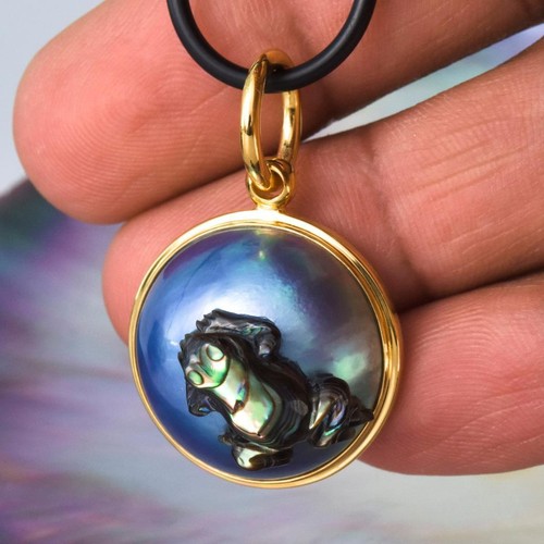 Colgante Mabe Perla, Paua Concha de Abulón Rana & Oro Vermeil Plata de Ley 7.44g - Imagen 10 de 15