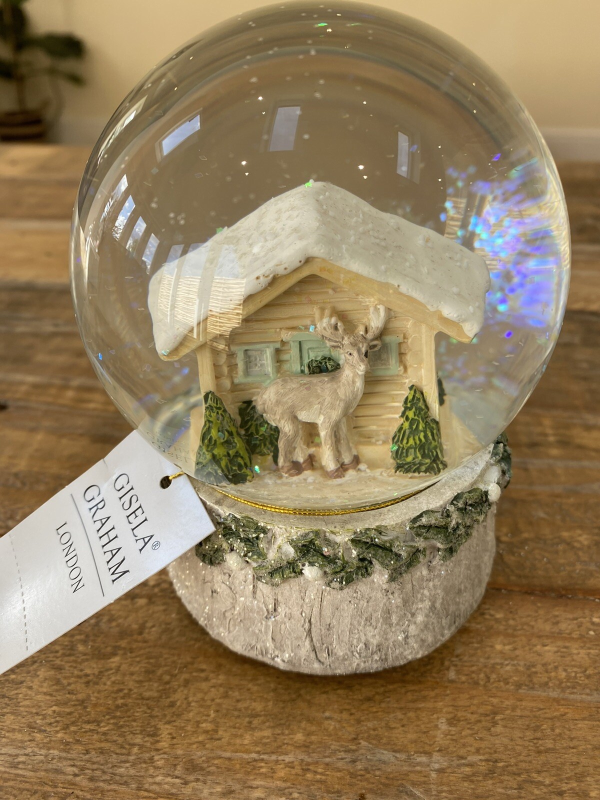 Gisela Graham Ski Lodge Reindeer Musical Christmas Snow Globe Dome Woodland
