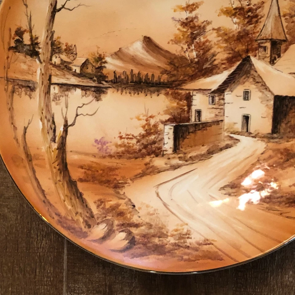 Antiguo Portugal vitrina pintado a mano placa decorativa naranja casa árboles pueblo Foto 4 de 4