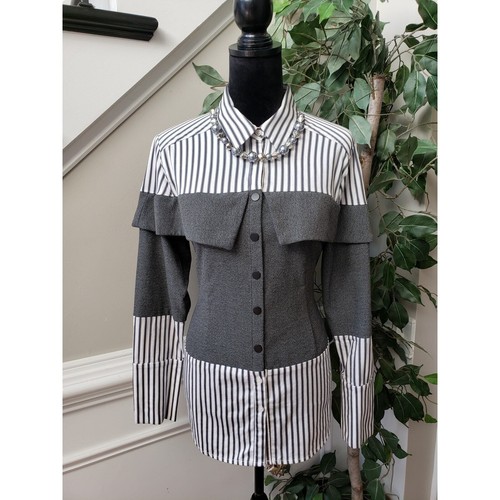 New York & Company Shirt Top Womens Large Black White Striped Stretch Collared