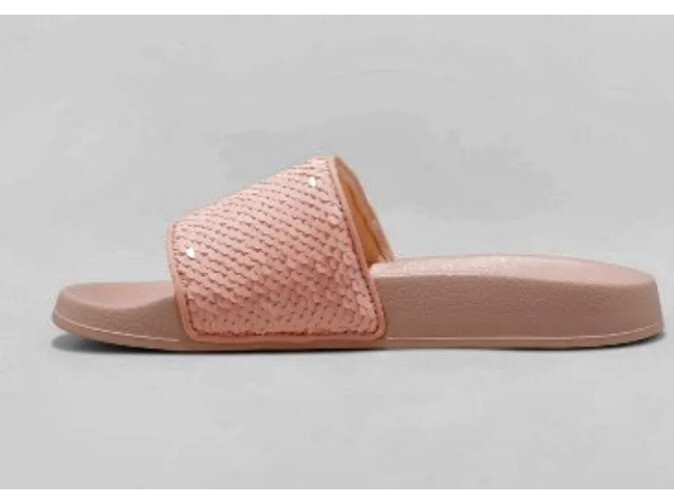 Girls'Slip-On Slide Sandals Shania Flip Sequin Size L 4/5  - Cat & Jack™ Pink J