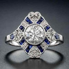 Genuine Art Deco Old European Cut Cubic Zirconia  Blue Sapphire Engagement Ring