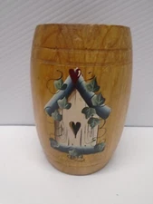 Wood Barrel Pencil Holder w/ Birdhouse Hearts and Ivy Hand Painted 5 in Tall