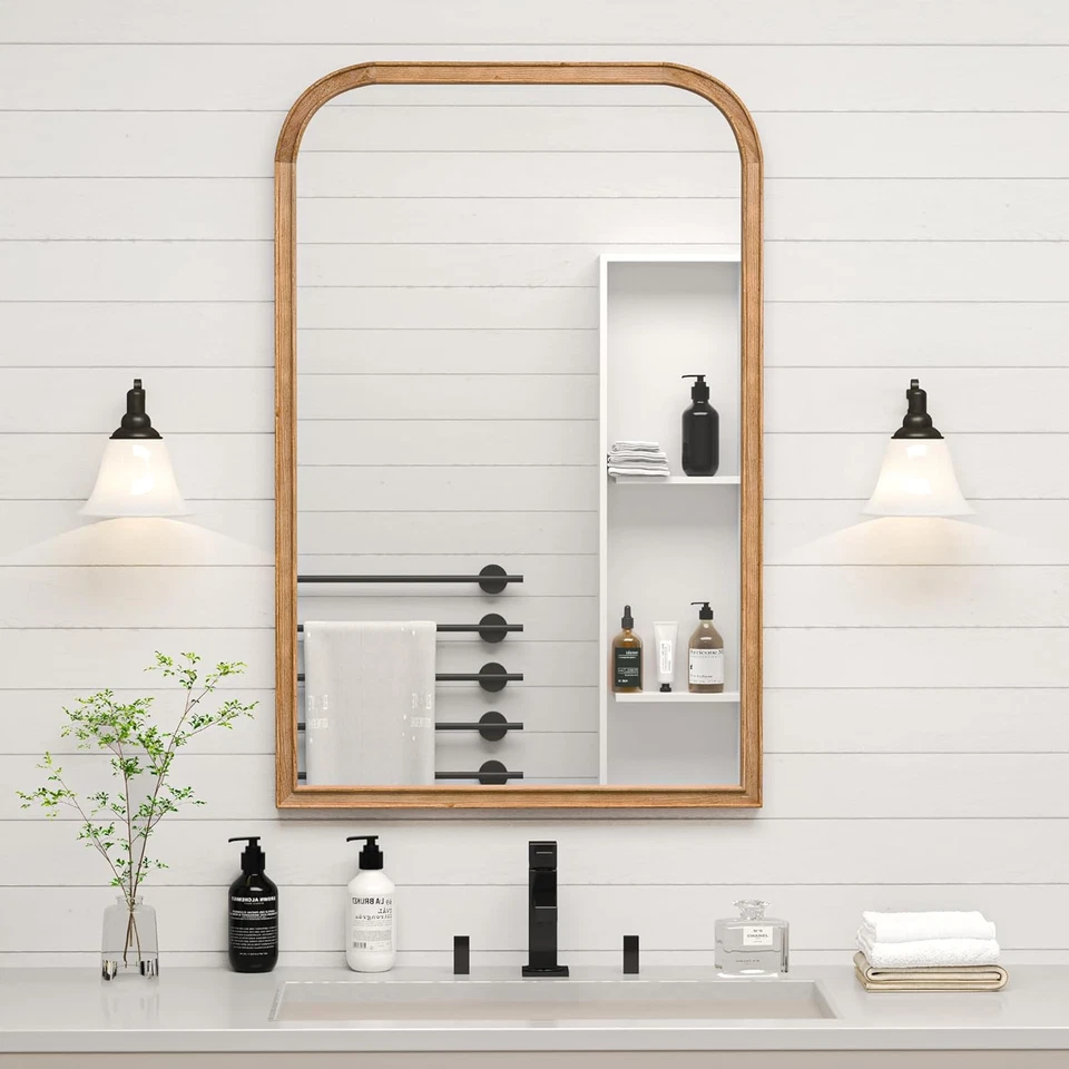 24"X36" Solid Wood Bathroom Mirror Tempered Glass for Wall Mounted, Rustic Wood - Image 2 of 4