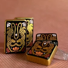 Twin Leopards Windproof Flip Top Lighter, Reusable, Printed Image