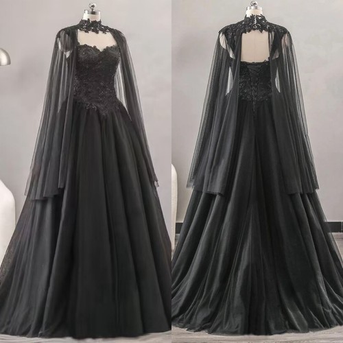 Schwarze Gothic Brautkleider mit Cape A Linie Spitze Perlen ärmellos Brautkleid - Bild 1 von 7