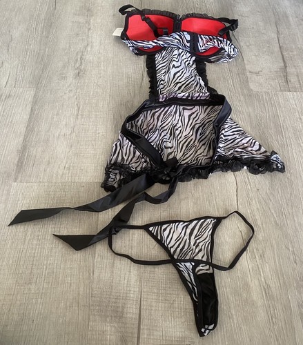 Rene Rofe Black And White Zebra Print Apron 2 Piece Lingerie Set Medium / 6 NEW - Picture 7 of 15