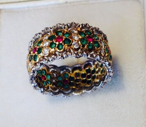 Anillo MARIO BUCCELLATI Oro 18K 2 Colores, Diamantes Esmeraldas Rubis Firmado - Imagen 9 de 10