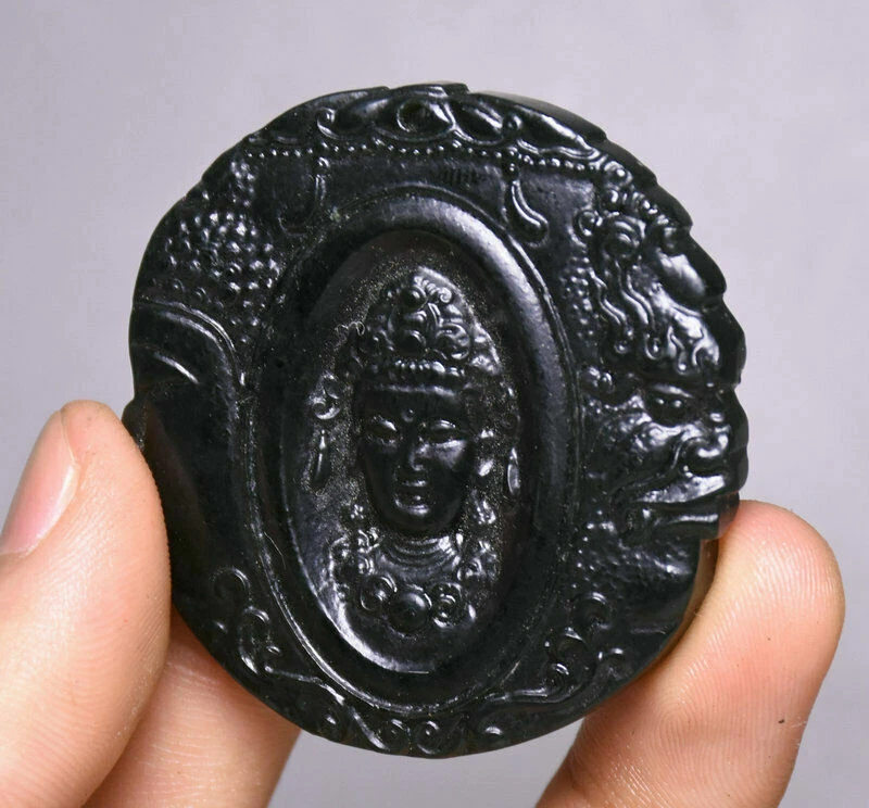 Colgante Cabeza Kwan-yin Guan Yin Talla Jade Negro Chino Antiguo Raro 5CM Foto 3 de 4