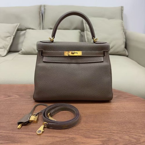 AUTH Hermès Kelly 28 Etoupe Grey Togo Leather Gold Hardware Top Handle Bag1