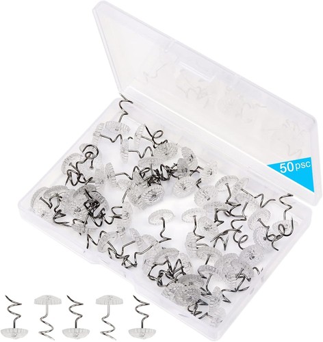 50 Upholstery Pins Bed Skirt Fabric Screws Twist Holders Headliner Tacks Clear.
