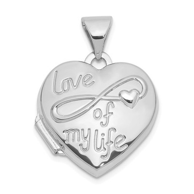 14k Weißgold Herz Medaillon Anhänger Unendlichkeit Symbol Gravur Liebe Jahrestag