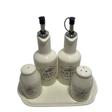 Tognana Italian Ceramic Oil & Vinegar Cruet Set w/ Salt & Pepper Shakers + Tray