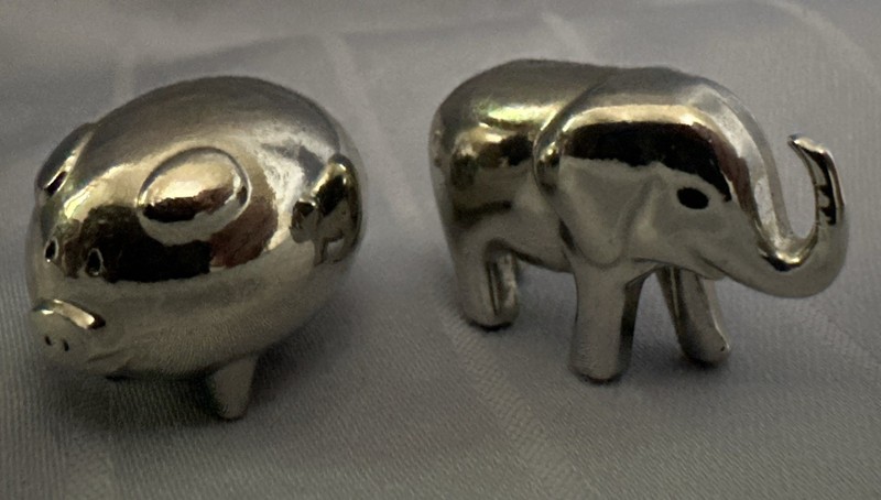 Good Luck Tokens Pocket Elephant & Piggy. Silver colored, heavy, mint condition!