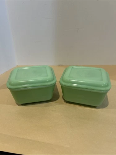 2 Vtg Fire King Jadeite Philbe 4.5x5 1/8" Green Glass Refrigerator Dish W/ LIDS