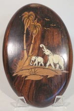 Vintage Hand Made Wood Plaque w Inlay Elephants Marquetry