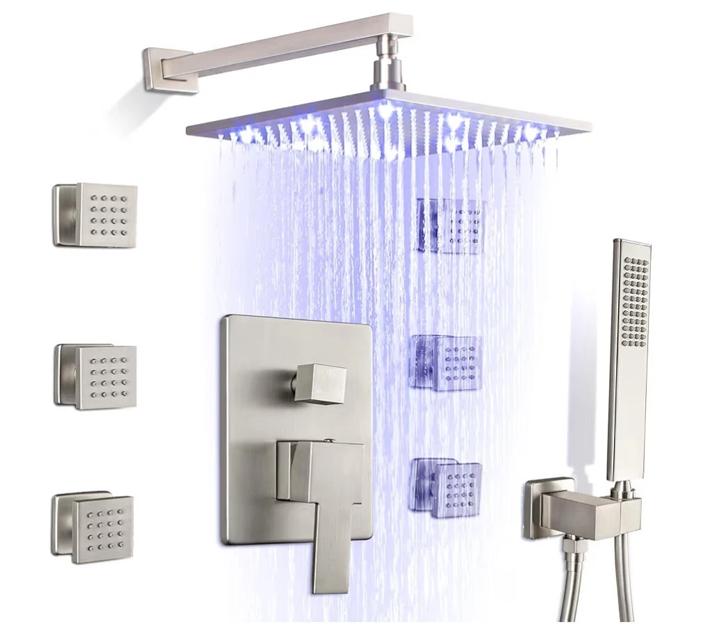 Brushed Nickel Shower System Body Jets 12" LED Rain Shower Head Faucet Set