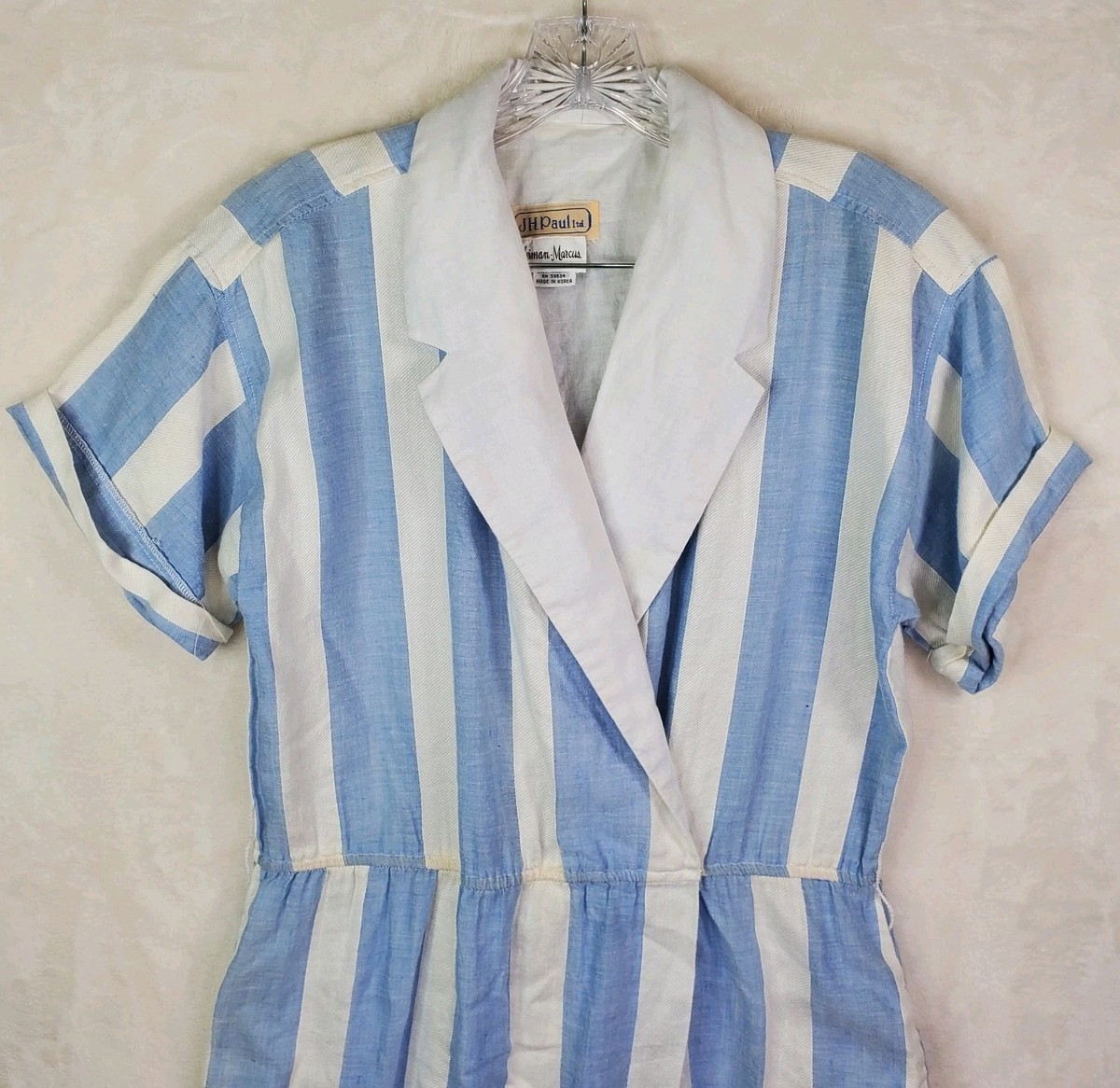 Vtg J.H. Paul ltd Blue White Stripe Chambray Dress Sz 8 Linen Cotton Midi Wrap View 2