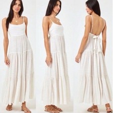 L*Space White Striped Tiered Maxi Dress Tie Back Summer Beach Boho Medium
