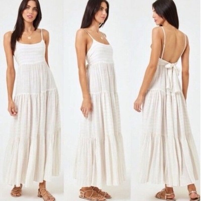 L*Space White Striped Tiered Maxi Dress Tie Back Summer Beach Boho Medium