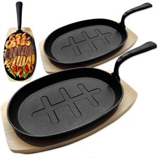 Cast Iron Skillet Pans 2x Sizzling Plate Wooden Base BBQ Skillet Steak Oven Pan