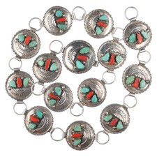 35.5" Vintage Zuni sterling silver, turquoise, coral link concho belt