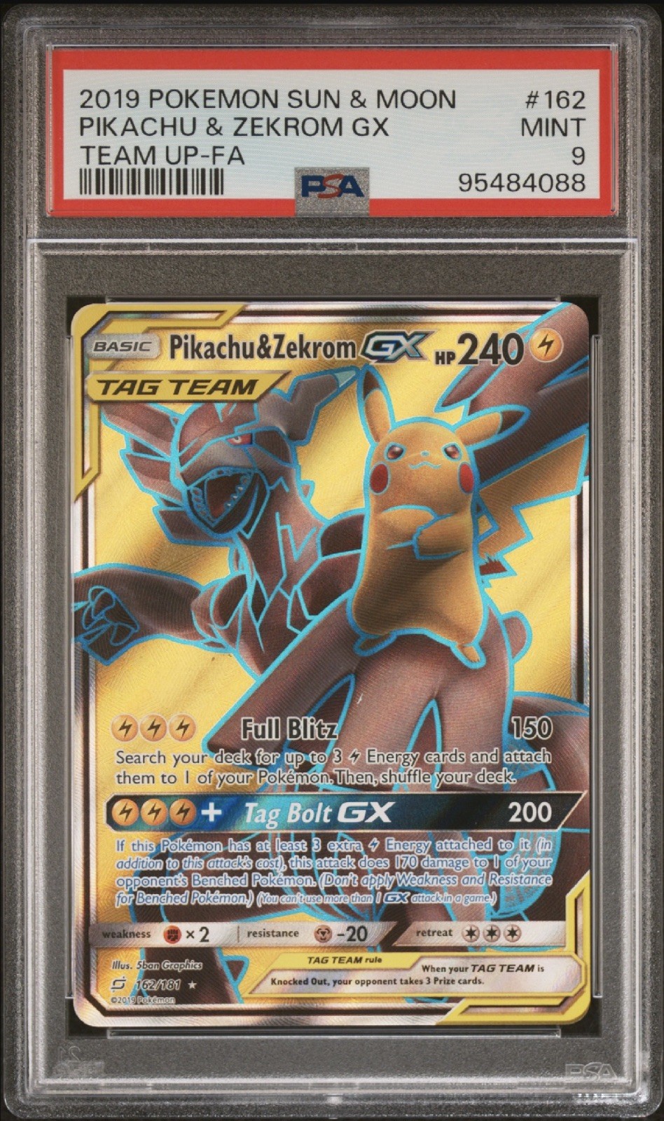 POKEMON PIKACHU & ZEKROM GX FULL ART 162/181 SUN & MOON TEAM UP 2019 PSA 9