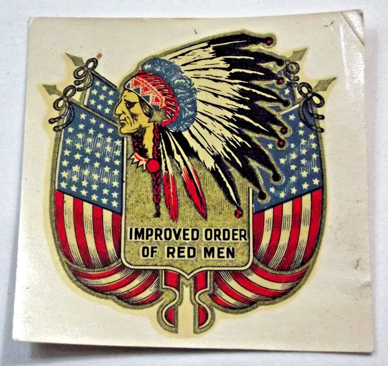 1930's IMPROVED ORDER OF RED MEN - VINTAGE WATER DECAL - VERY COLORFUL - 3"