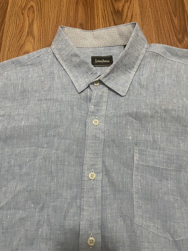 Neiman Marcus Shirt Mens XL Blue Linen Long Sleeve Button Up Casual Pocket - Picture 3 of 11