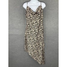Leopard Cami Slip Dress Satin Cowl Neck Asymmetrical Hem Cocktail Party Sz L