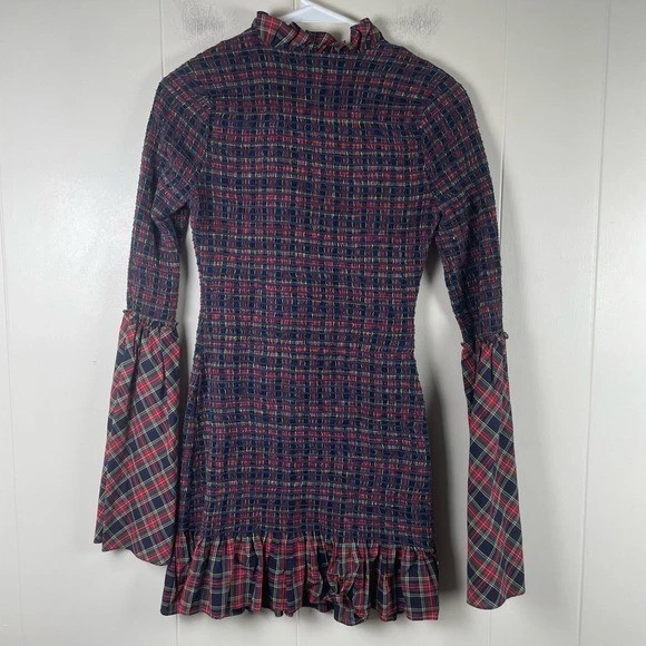 Mini vestido xadrez Petersyn babado manga sino festa feito em NY XS - Imagem 2 de 4