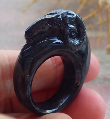 Video Certified Black 100% Natural A JADE Jadeite Sheep RING USA 8 戒指 929422