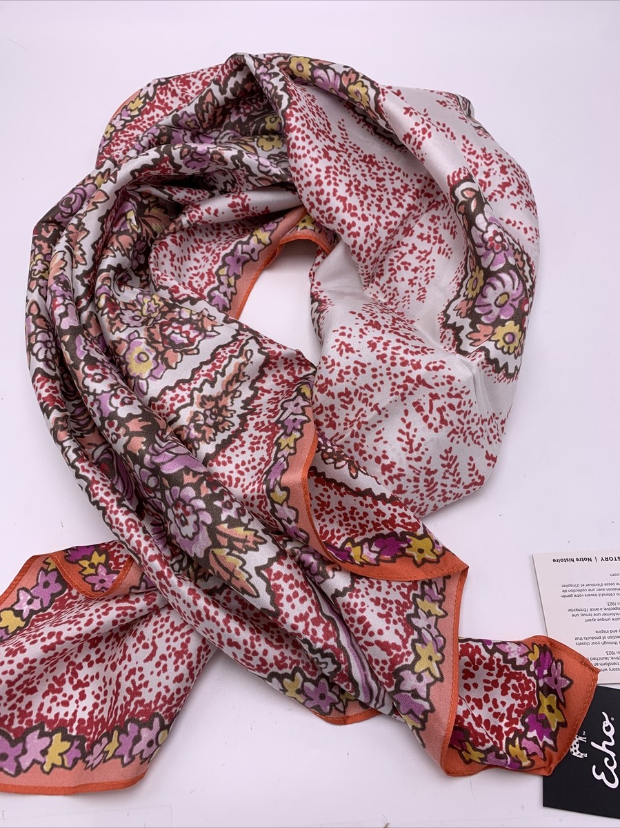 $69 Echo large square scarf paisley floral orange pink K214 | eBay