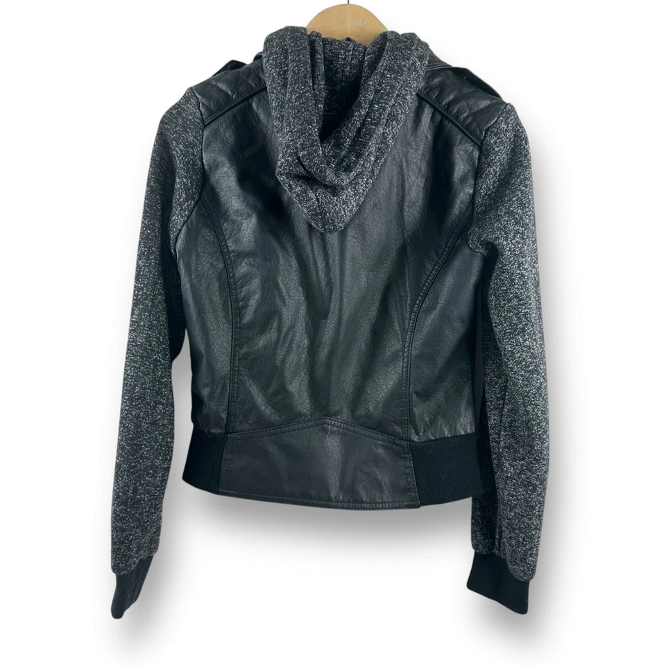 Полный наклон женщин M кожаная панель куртка с капюшоном черный серый гранж Moto панк острый - Изображение 2 из 4