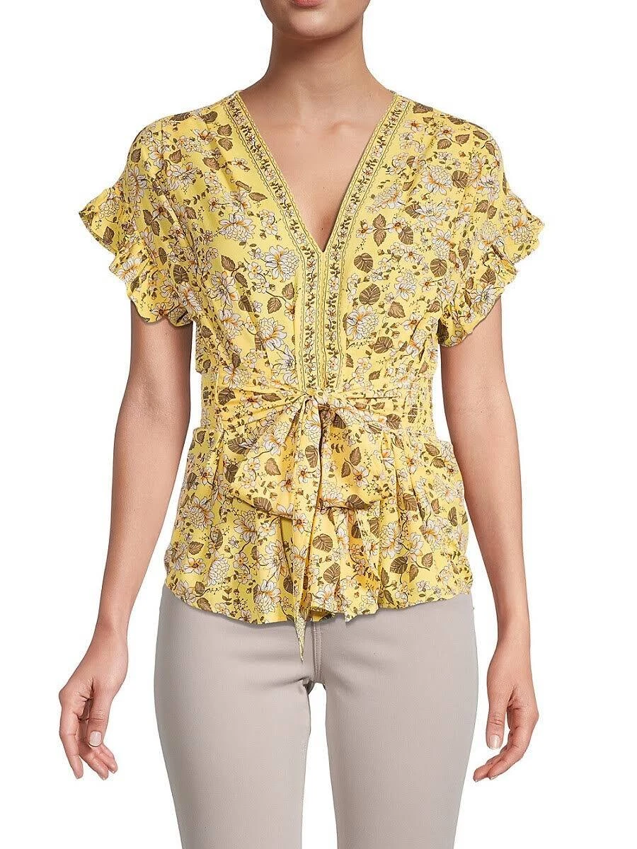 Max Studio Top Yellow Floral Tie Waist Flutter Sleeve Chiffon Plus Size NWT