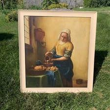 Large Antique Milk Maid Oil Painting 36x40” Early Americana Signed Framed
