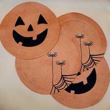 Halloween Pumpkin Face Spider Web Set of 4 Placemats Fun Funky Cute
