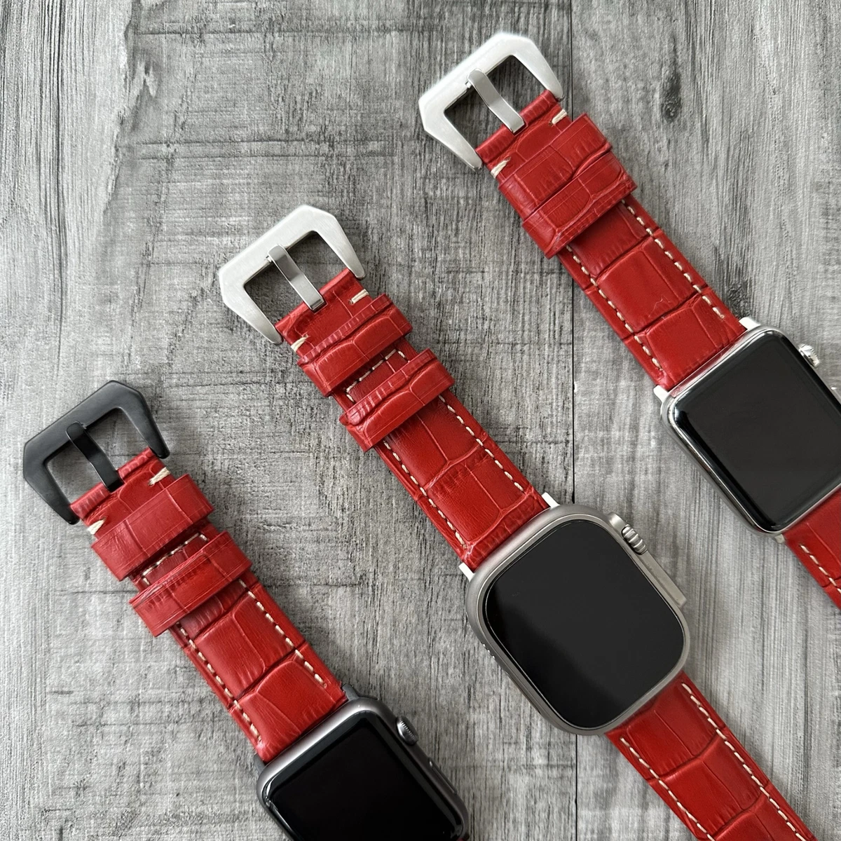 For Apple Watch Ultra 1 2 AWU 49mm 45mm Series 9 8 7 6 Red Leather watch  Strap