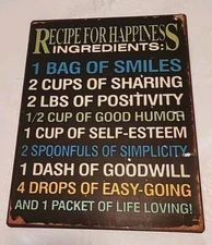 Tin Sign Recipe For Happiness 14" X 10.5" Aged Look Rustic 