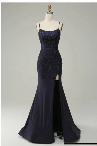 Zapaka Navy Spaghetti Straps Beaded Mermaid Prom Dress with Split - 第 1/4 張圖片